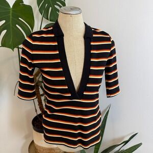 Free People Ribbed Striped Collared V Neck 3/4 Sleeve Top Black Red Yellow XS